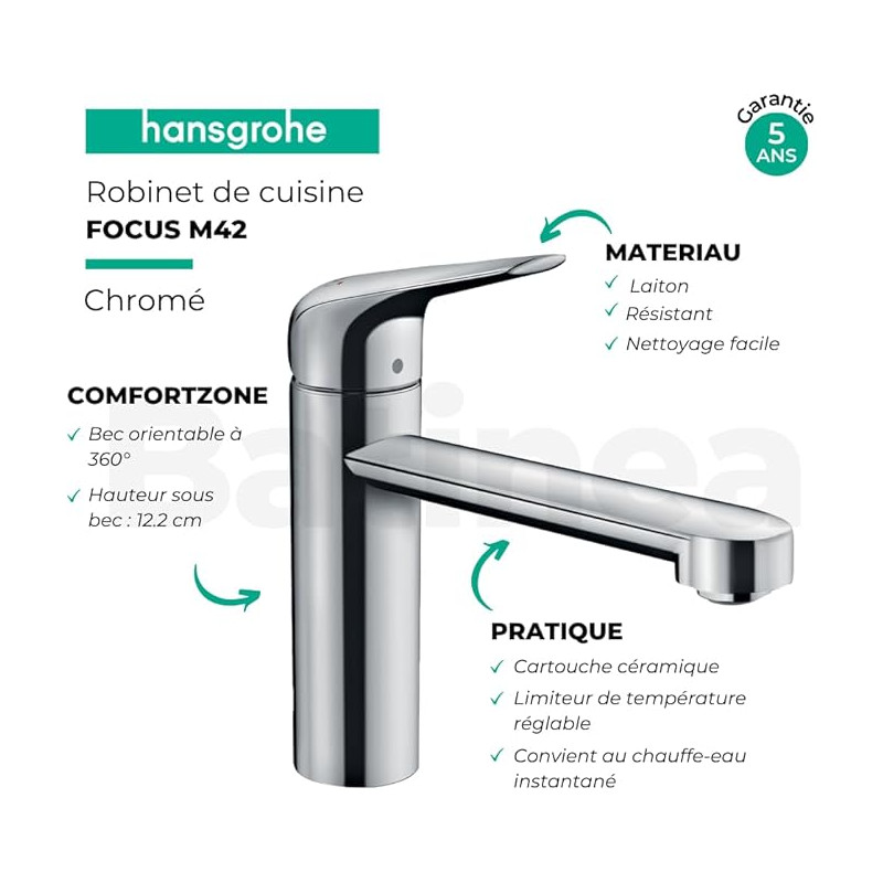 hansgrohe Focus M42 Mitigeur de cuisine 120, 1 jet, chromé, 71806000