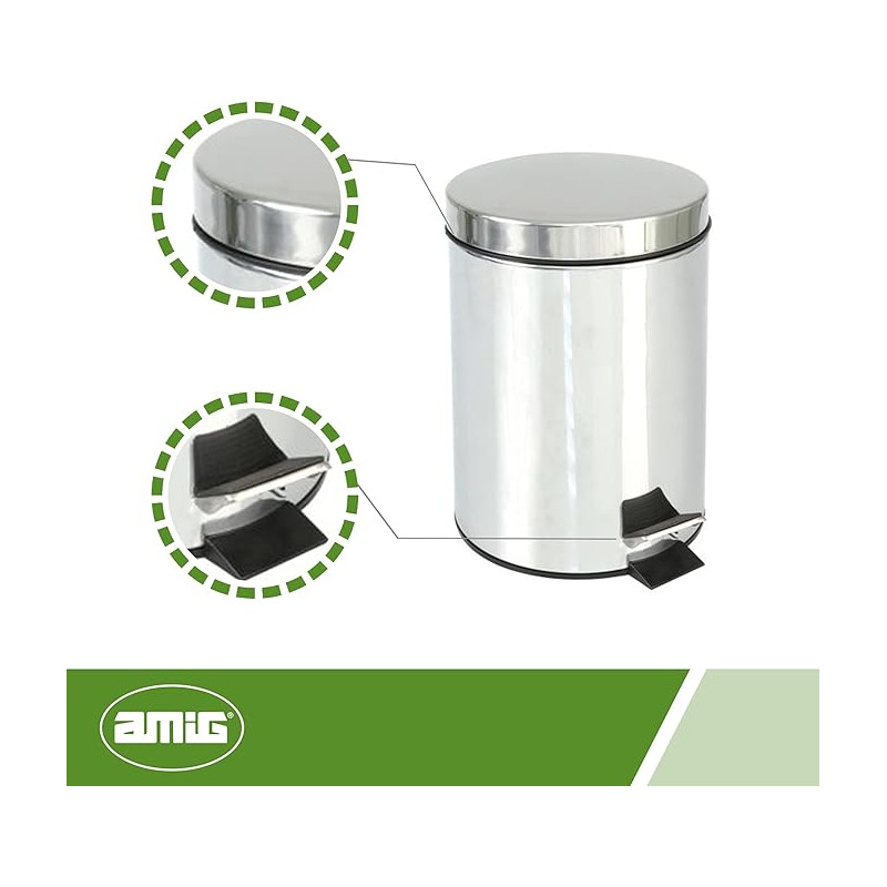 Amig - Poubelle en acier inoxydable avec pédale | 5 litres | Contenant intérieur amovible en plastique avec poignée | Hygiénique