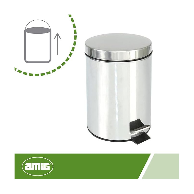 Amig - Poubelle en acier inoxydable avec pédale | 5 litres | Contenant intérieur amovible en plastique avec poignée | Hygiénique