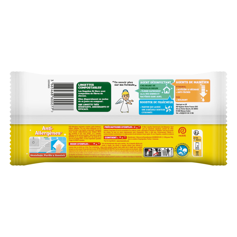 St Marc Lot de 6 sachets de 42 Lingettes Biodégradables Nettoyantes et Désinfectantes Anti-allergènes
