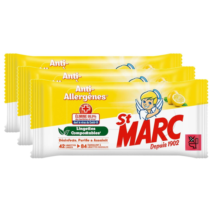 St Marc Lot de 3 sachets de 42 Lingettes Biodégradables Nettoyantes et Désinfectantes Anti-allergènes