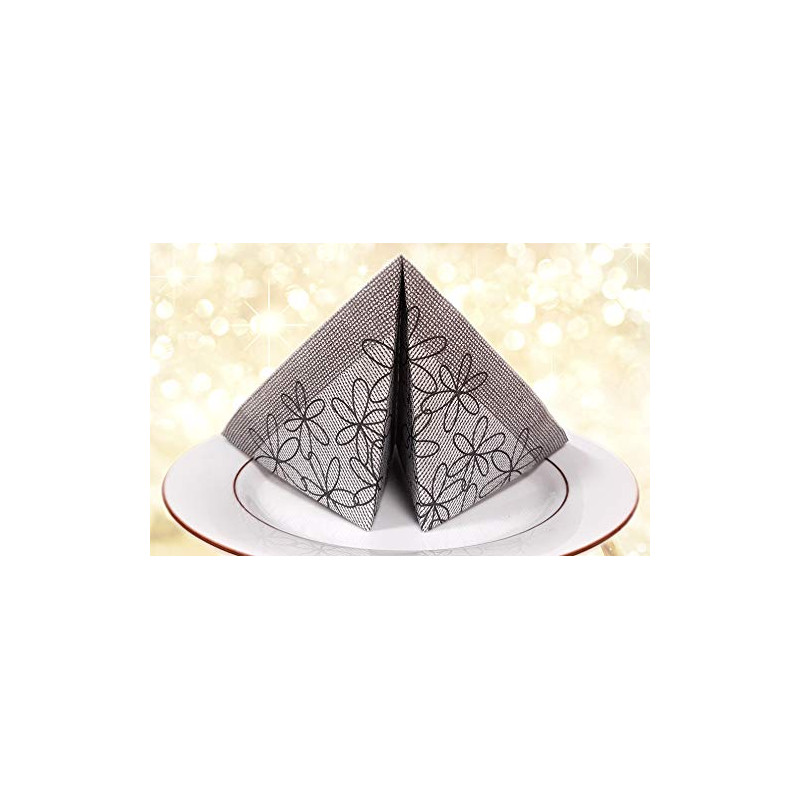 AIRLAID Serviettes DE Table en Papier JETABLES Paquet DE 50 Serviettes - Motifs Fleurs Blanc CASSÉ ET Gris - FLO Nero - 40 x 40