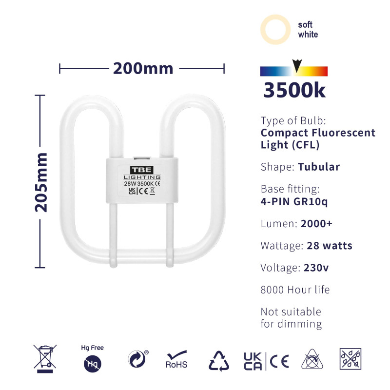 TBE Lighting Ampoules fluorescentes 2D 4 broches CFL 28 W - Ampoules fluorescentes DD - Raccords de base GR10q à 4 broches - Lon