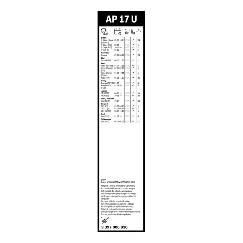 Bosch Balai d'Essuie–Glace Aerotwin AP17U, Longueur: 425mm – 1 Balai avant