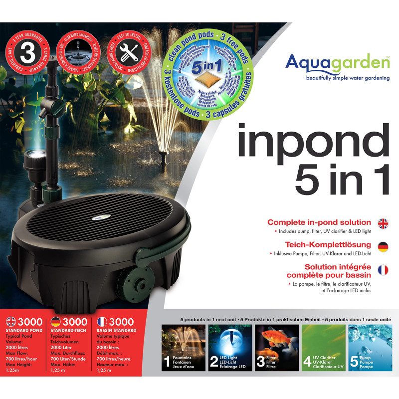 Aquagarden Inpond 3000, Bassin et pompe à eau, filtre, clarificateur UV, spot LED et fontaine, solution tout-en-un pour un beau