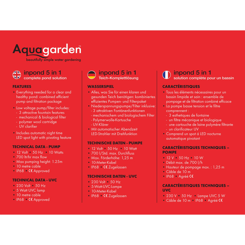 Aquagarden Inpond 3000, Bassin et pompe à eau, filtre, clarificateur UV, spot LED et fontaine, solution tout-en-un pour un beau
