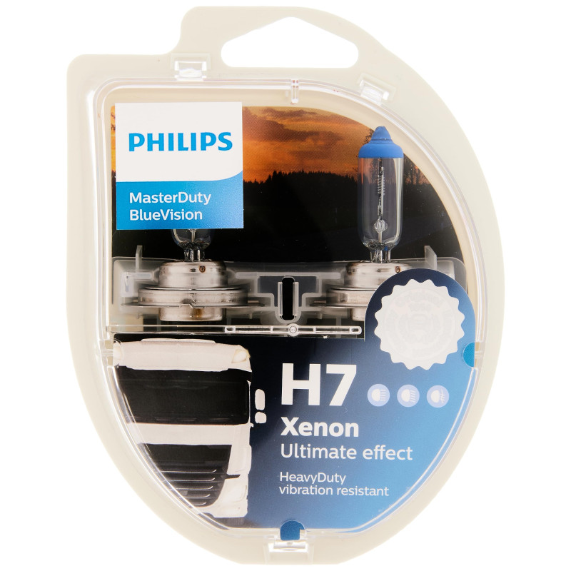 PHILIPS MASTERDUTY BLUEVISION - Boîte de 2 ampoules halogènes H7 13972MDBVS2 Résistance extrême aux vibrations et Effet Xénon 40