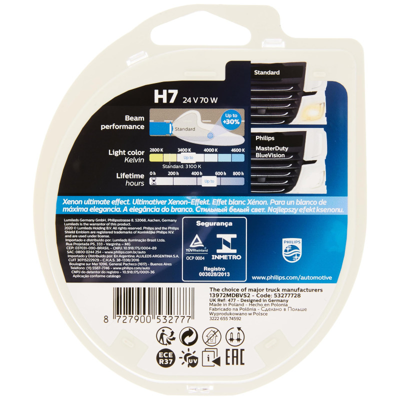 PHILIPS MASTERDUTY BLUEVISION - Boîte de 2 ampoules halogènes H7 13972MDBVS2 Résistance extrême aux vibrations et Effet Xénon 40
