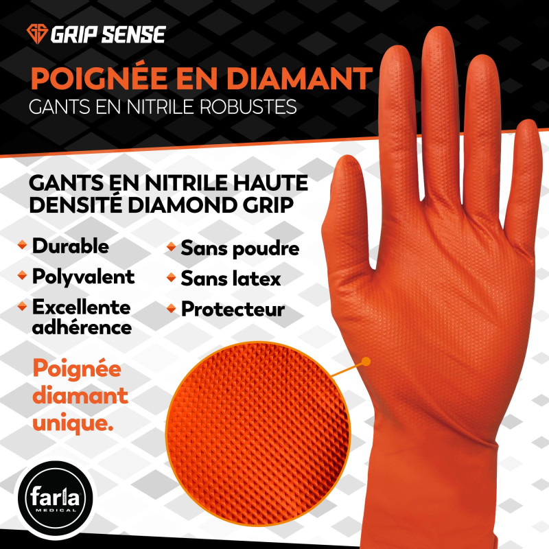 GripSense Gants Nitrile (Pack de 50) - Orange Diamant Haute Densité - Sans Latex ni Poudre en Nitrile Orange M - Mécanicien Ext