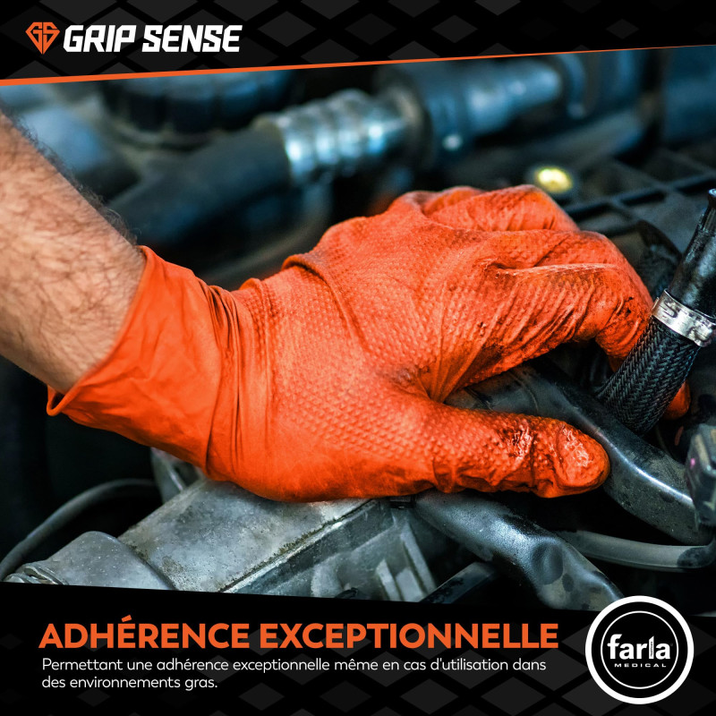 GripSense Gants Nitrile (Pack de 50) - Orange Diamant Haute Densité - Sans Latex ni Poudre en Nitrile Orange M - Mécanicien Ext