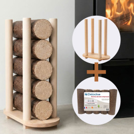 Pack Porte-bûches et 5 bûchettes compressées en Bois de hêtre