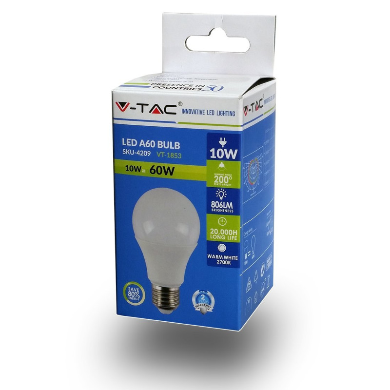 V-TAC – Ampoule LED – Douille E27 – Lumière blanche chaude 2 700 K - Lot de 5 pièces - 10W
