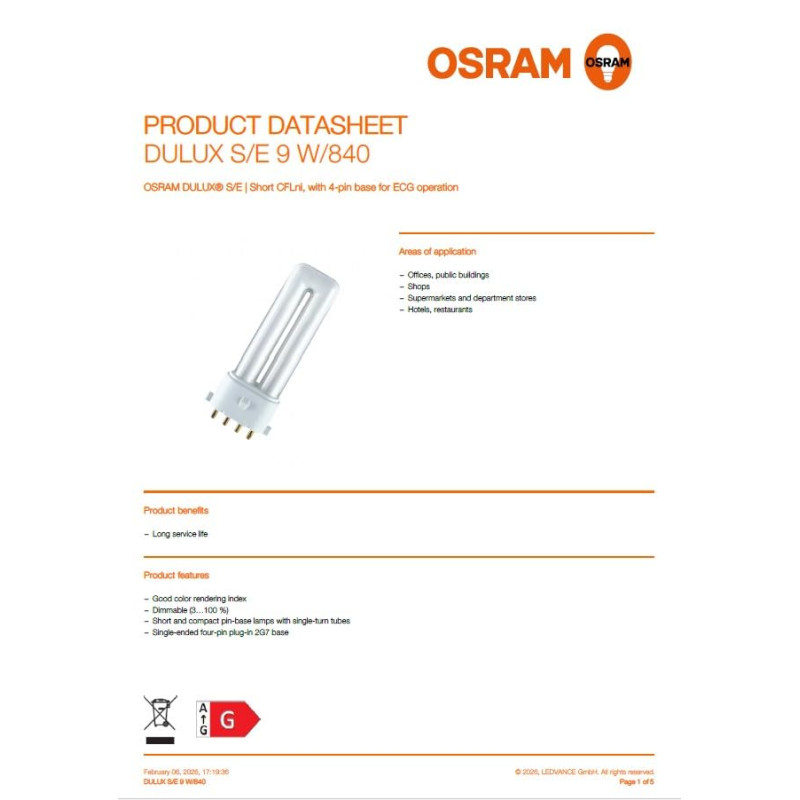 OSRAM Lot de 3 Lampes fluorescente compact DULUX S/E 9 watts /840 Culot 2G7 600 Lumen