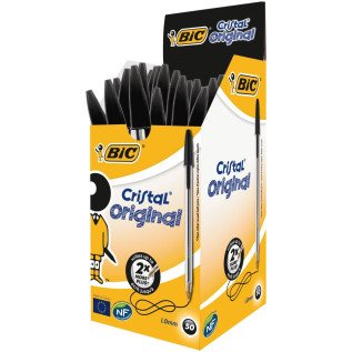 BIC Cristal Original, Boite de 50 Stylos Billes Noirs, Pointe Normale 1mm