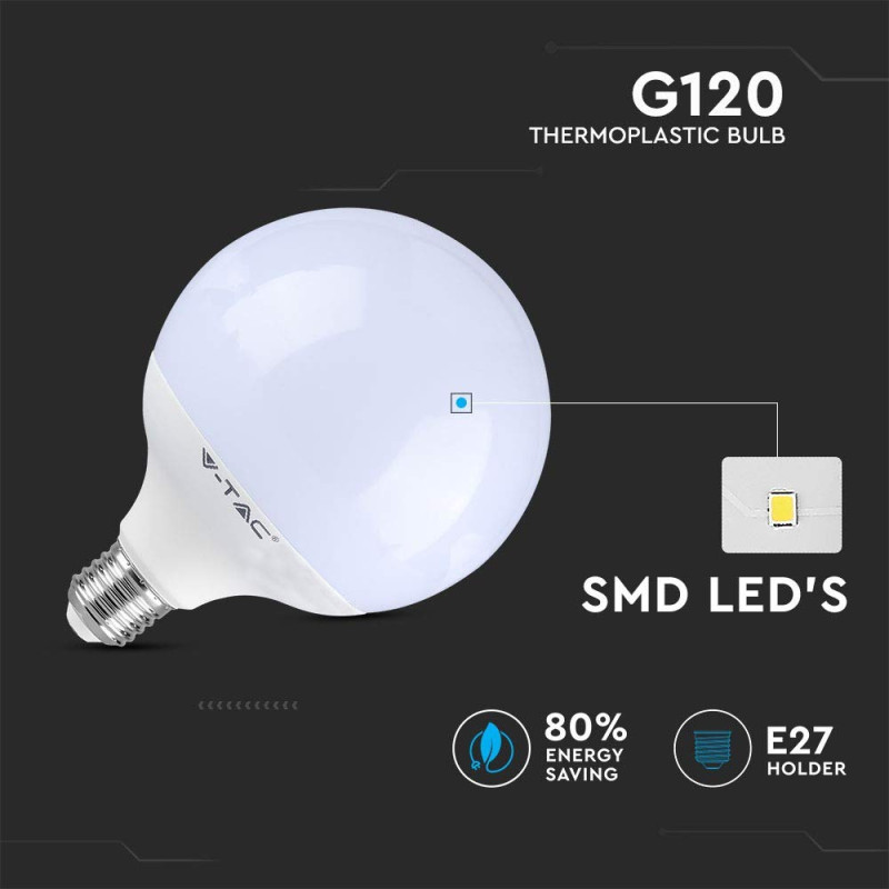 V-TAC VT-1893 Ampoule LED format globe et culot E27 Éclairage blanc chaud 10 W, Blanc chaud, 13Watt-Warmlicht-dimmbar, E27