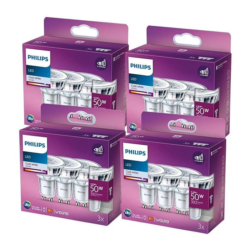 DSTOCK60 - Lot de 12 spots LED 50w compatible Philips - 4,6 W égal 50 W - 390 lumen - GU10-220-240V - blanc froid 4000K…