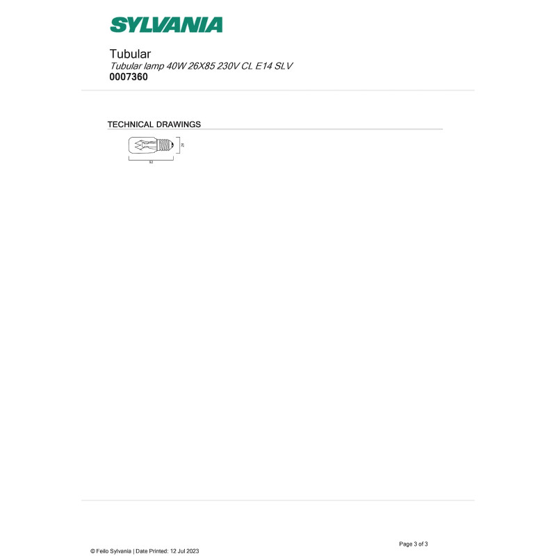 SYLVANIA TUBE CLAIR 25W E14 26X80 BTE SYL007352