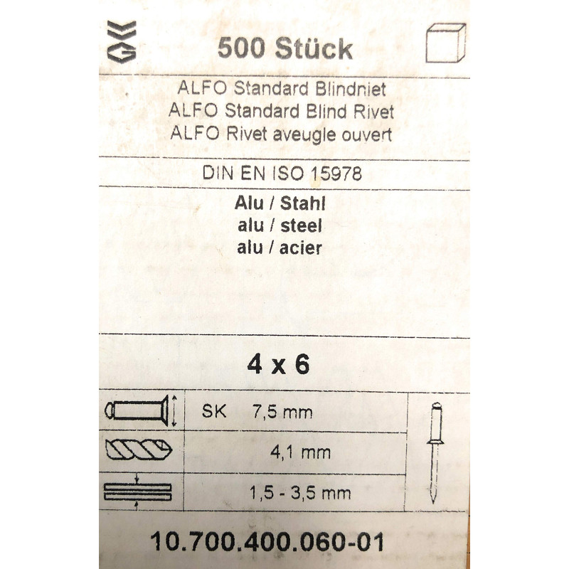 500 rivets 4 x 6 Alu/Acier 7,5mm