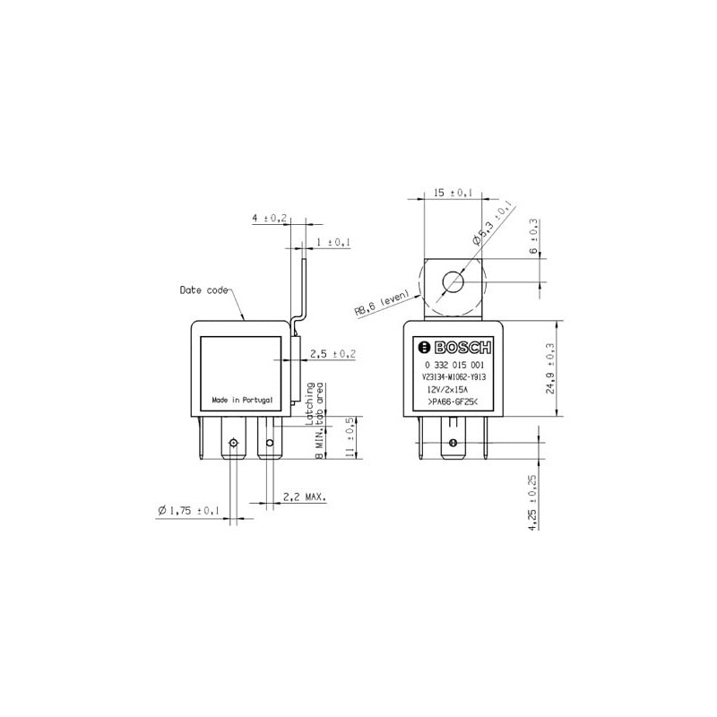Bosch 0332015001 Relais 12V 15A, Ip5K4, Résistance aux Températures Allant de -40° C À 85° C