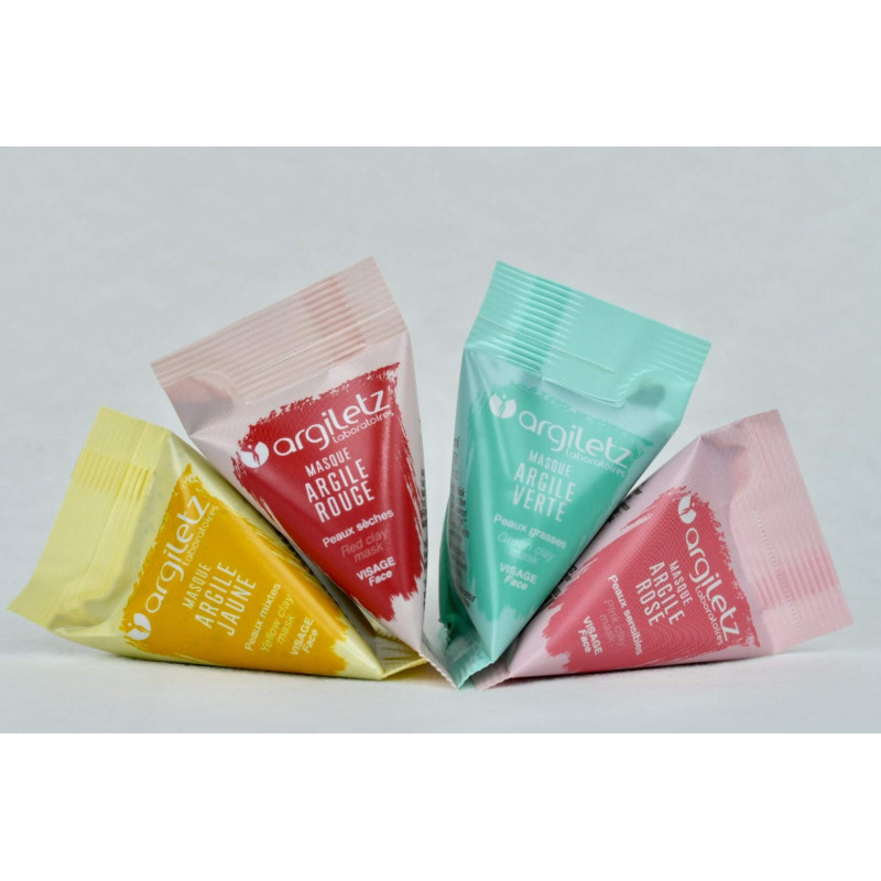 ARGILETZ Lot de 4 berlingots d'argile de 15ml - Mix argile rouge, argile rose, argile verte et argile jaune