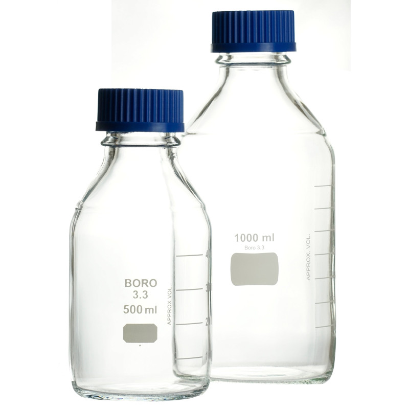 Laboratoire bouteilles 1000 ml Gl45 Economy, gradué, avec bouchon à vis et verser Bague en PP, EN VERRE borosilicate 3.3, comple
