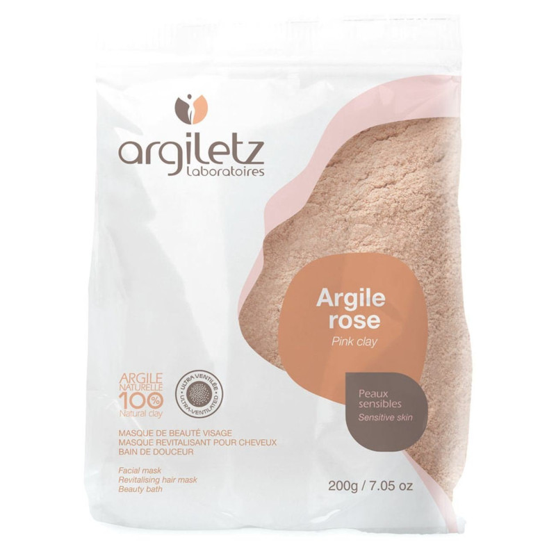 ARGILETZ - Masque & bain à l argile rose 200 g - Masque visage et cheveux et pour le bain - Peaux sensibles - Couleur Rose Trans
