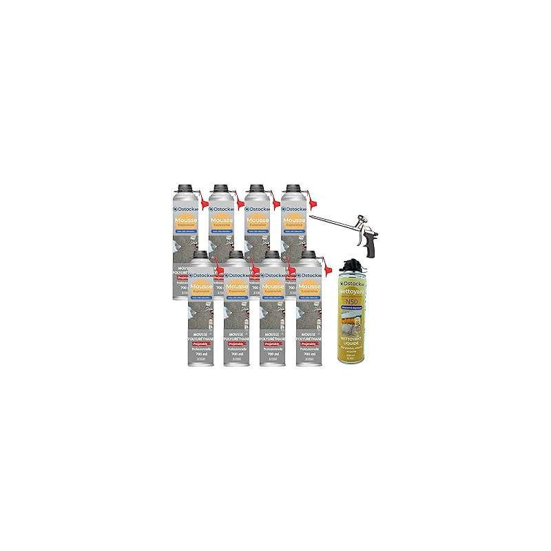 DSTOCK60 – Pack de 8 mousses expansives polyuréthanes projetables 700 ml + 1 pistolet + 1 nettoyant mousse - compatible multi-su