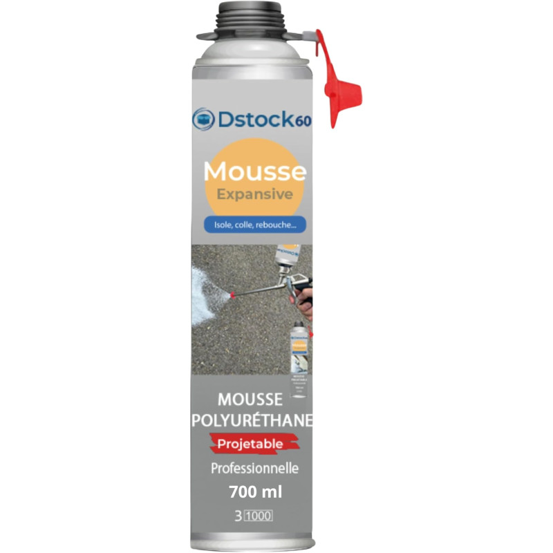 DSTOCK60 – Pack de 8 mousses expansives polyuréthanes projetables 700 ml + 1 pistolet + 1 nettoyant mousse - compatible multi-su