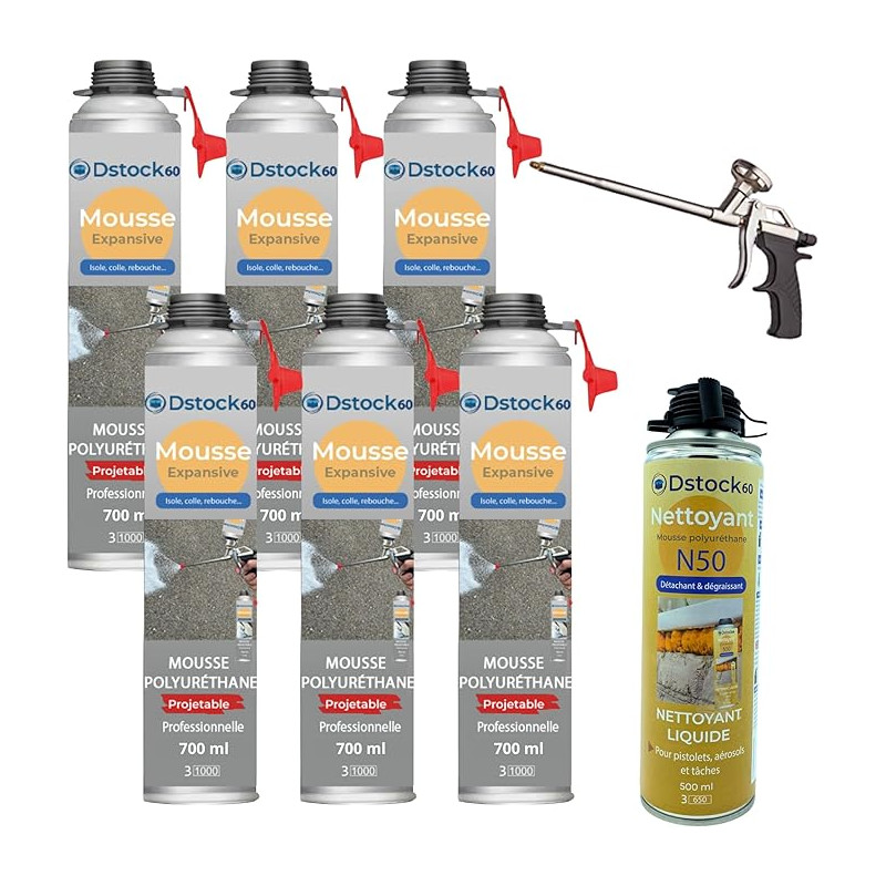 DSTOCK60 – Pack de 6 mousses expansives polyuréthanes projetables 700 ml + 1 pistolet + 1 nettoyant mousse - compatible multi-su