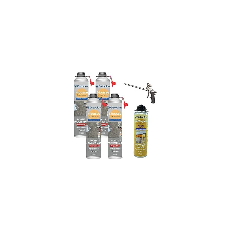 DSTOCK60 – Pack de 4 mousses expansives polyuréthanes projetables 700 ml + 1 pistolet + 1 nettoyant mousse - compatible multi-su