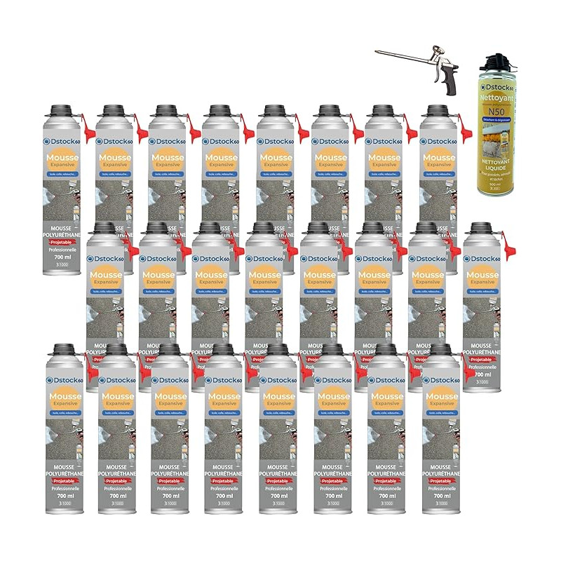 DSTOCK60 – Pack de 24 mousses expansives polyuréthanes projetables 700 ml + 1 pistolet + 1 nettoyant mousse - compatible multi-s