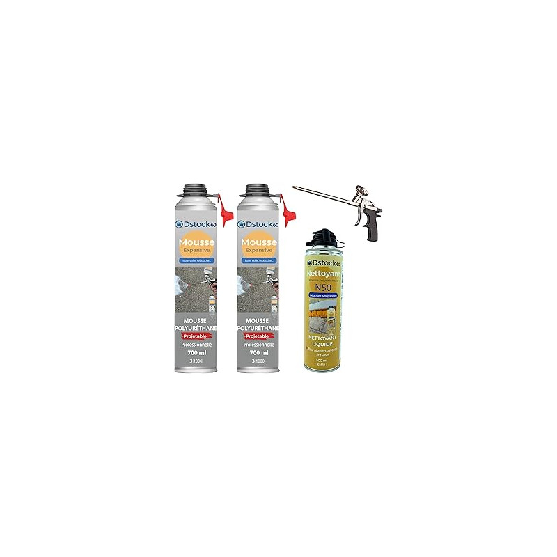 DSTOCK60 – Pack de 2 mousses expansives polyuréthanes projetables 700 ml + 1 pistolet + 1 nettoyant mousse - compatible multi-su