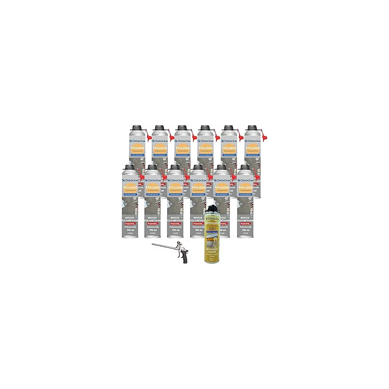 DSTOCK60 – Pack de 12 mousses expansives polyuréthanes projetables 700 ml + 1 pistolet + 1 nettoyant mousse - compatible multi-s