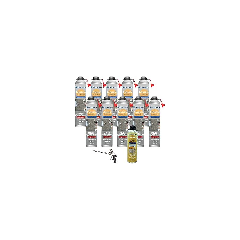 DSTOCK60 – Pack de 10 mousses expansives polyuréthanes projetables 700 ml + 1 pistolet + 1 nettoyant mousse - compatible multi-s