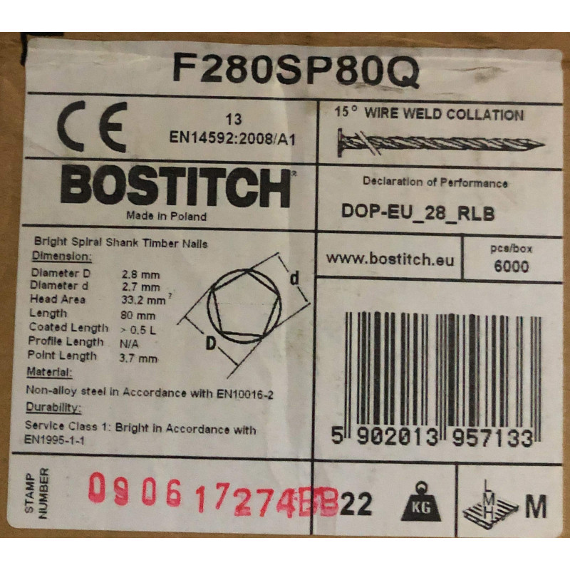 BOSTITCH -STANLEY BLACK DECKER F280SP80Q Pointe Spirale Ø2.8 x 80 mm BOSTITCH-Boite 6000-F280SP80Q