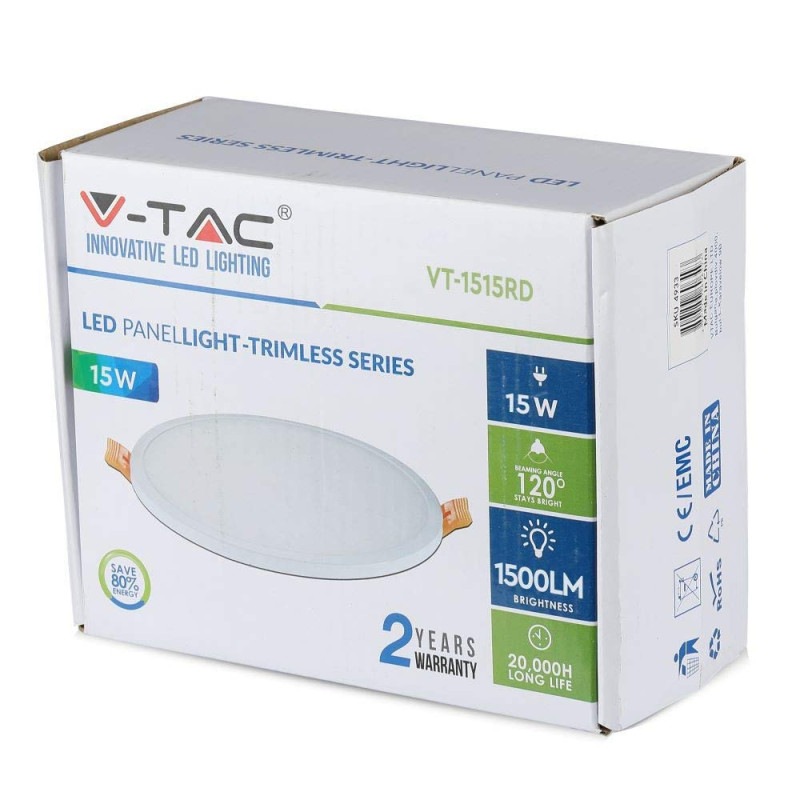 V-TAC 15 W LED Panneau de fin (rond) 100 W égal 1500 lumens, 6000 K, Blanc, non dimmable, 110 Angle de faisceau, à encastrer
