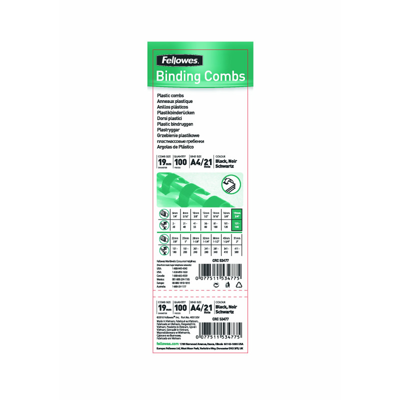 Fellowes - 5347705 - Pack de 100 Anneaux plastiques - 19 mm - Noir