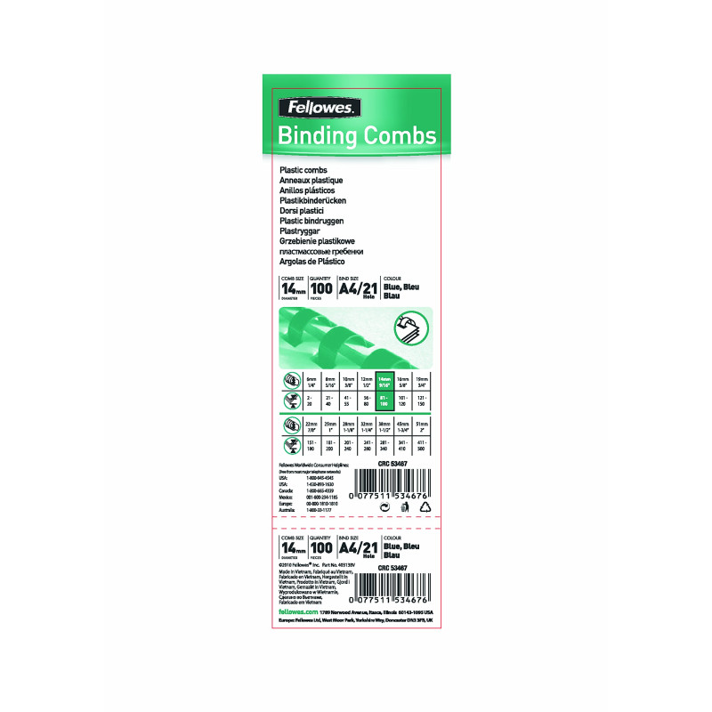 Baguettes de reliure - Fellowes - 5346706 - Pack De 100 Anneaux Plastiques - 14 Mm - Bleu