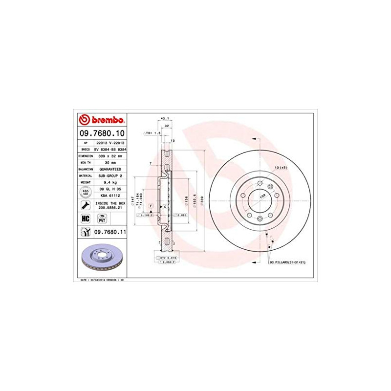 Brembo 09.7680.11 - Disque du Frein Avant avec revêtement anti-corrosion UV - 1 Disque