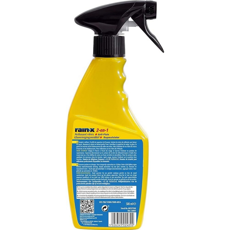 Rain-X 2-en-1 Lave Glace Voiture et Nettoyant Vitre Bain avec Traitement Anti Pluie Pare Brise Technologie Hydrophobique 500 ml