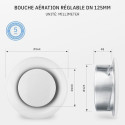 calimaero® TVSA Grille Aeration Reglable 125mm, Grille de Ventilation Blanche avec Cadre de Montage, Tôle d'acier, Régulation Pr