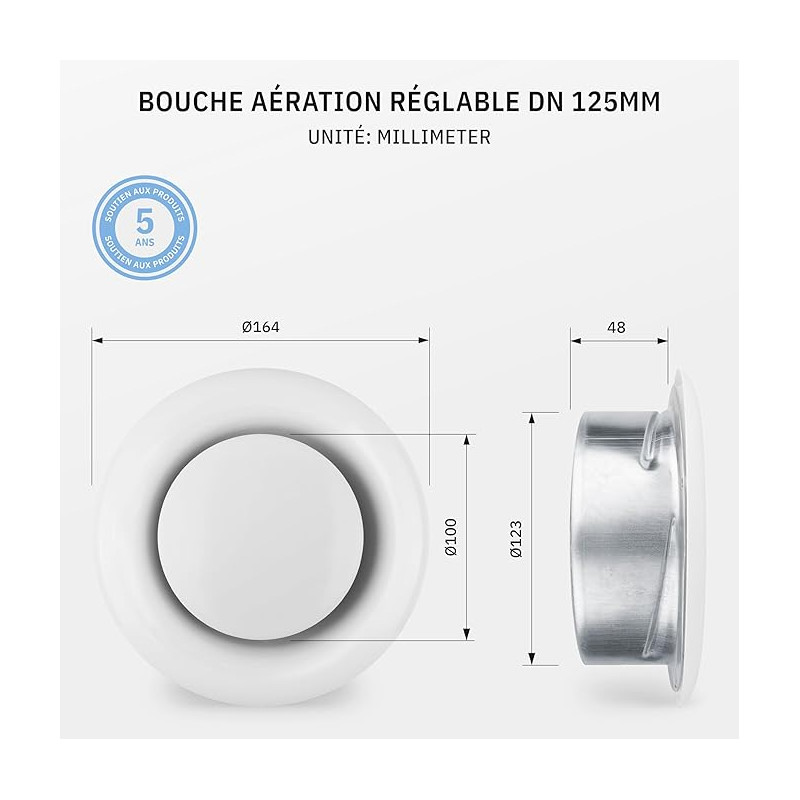 calimaero® TVSA Grille Aeration Reglable 125mm, Grille de Ventilation Blanche avec Cadre de Montage, Tôle d'acier, Régulation Pr
