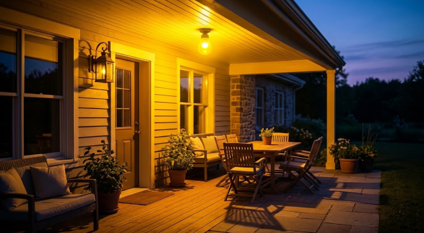 Terrasse éclairée par une ampoule anti-insectes à lumière jaune