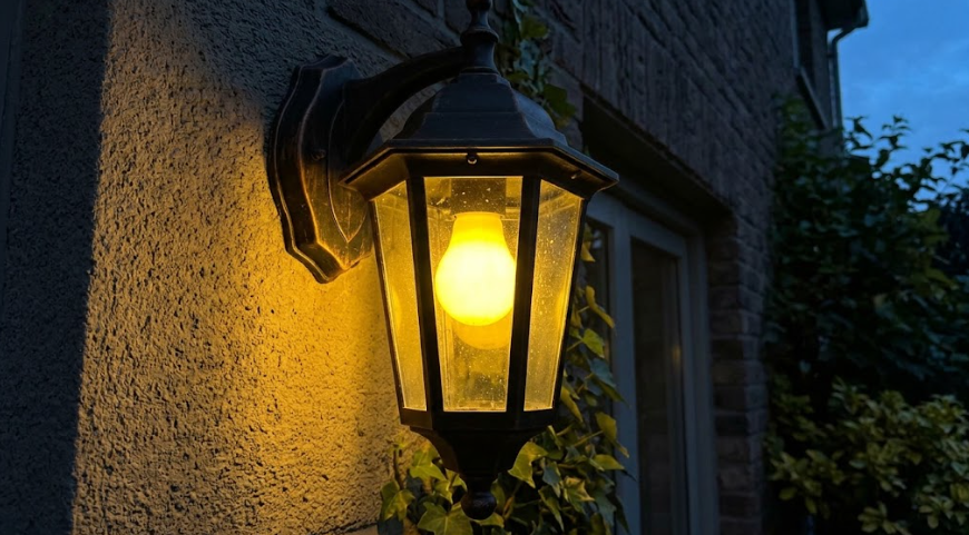 Un luminaire extérieur (applique ou lanterne) équipé d’une ampoule jaune.