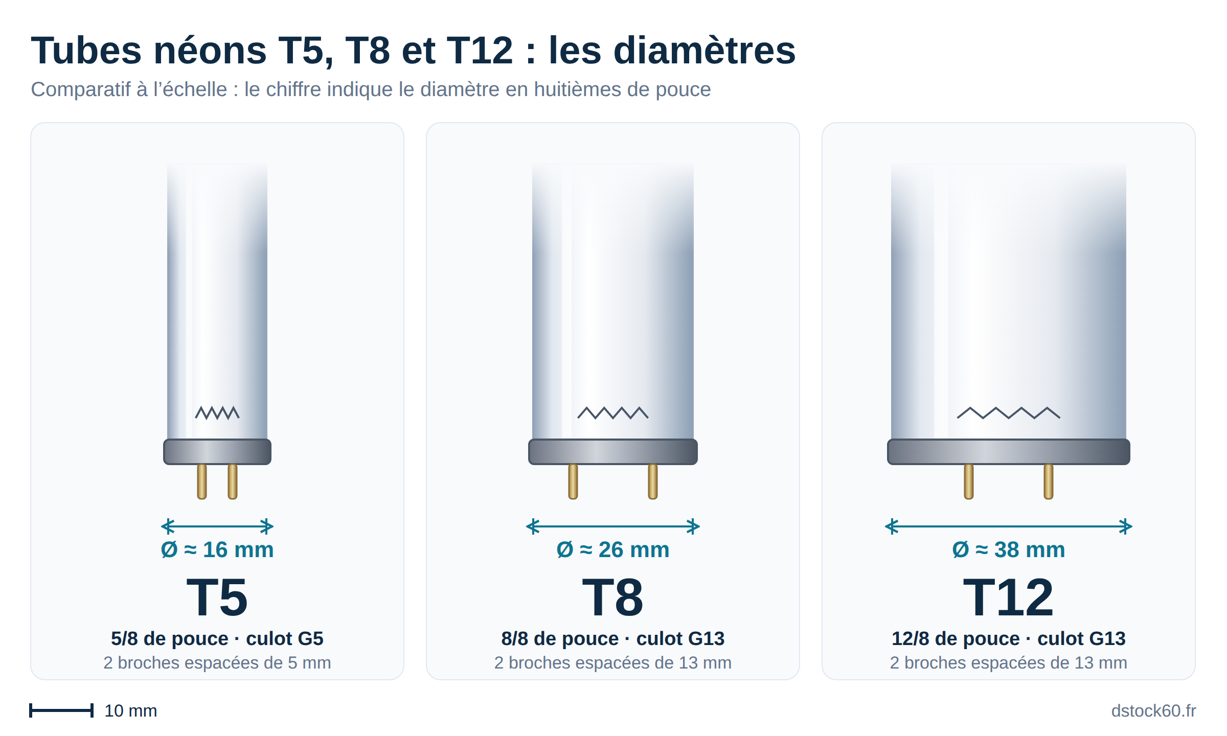 Comparatif des diamètres de tubes néons T5, T8 et T12